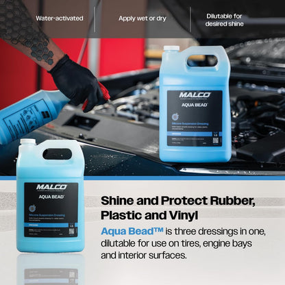 Malco Aqua Bead Water Based Dressing - Non-Greasy Interior and Exterior Dressing/Shines Car Tires, Rubber, Plastic and Trim/Concentrated Formula, Dilutable for Variable Gloss / 1 Gallon (129601)
