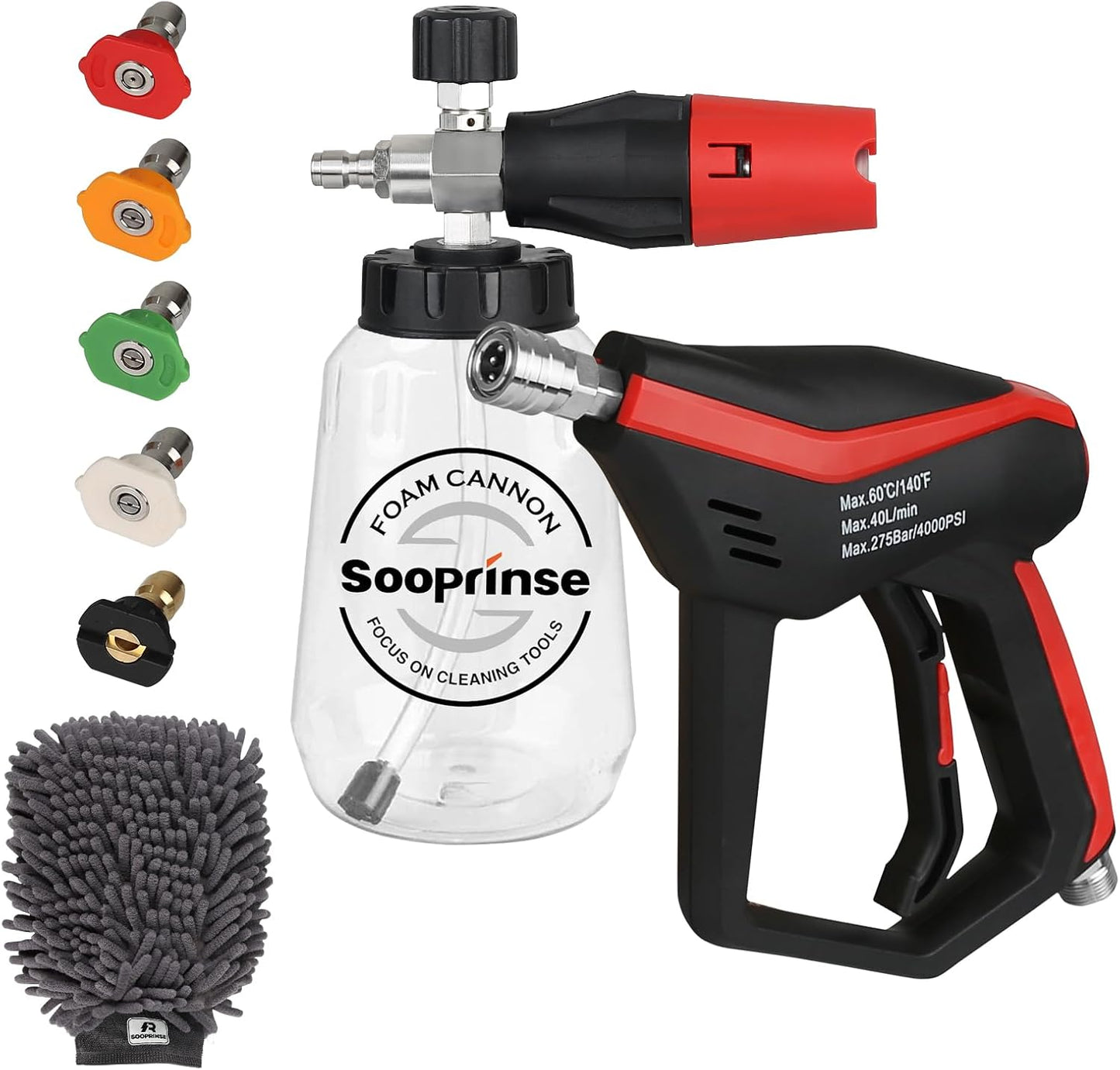 Sooprinse Short Pressure Washer Gun With Foam Cannon, High Pressure Snow Foam Lance, 1/4 Inch Quick Connector, Power Washer Blaster, Car Wash Mitt, 3000 PSI, 1 Liter