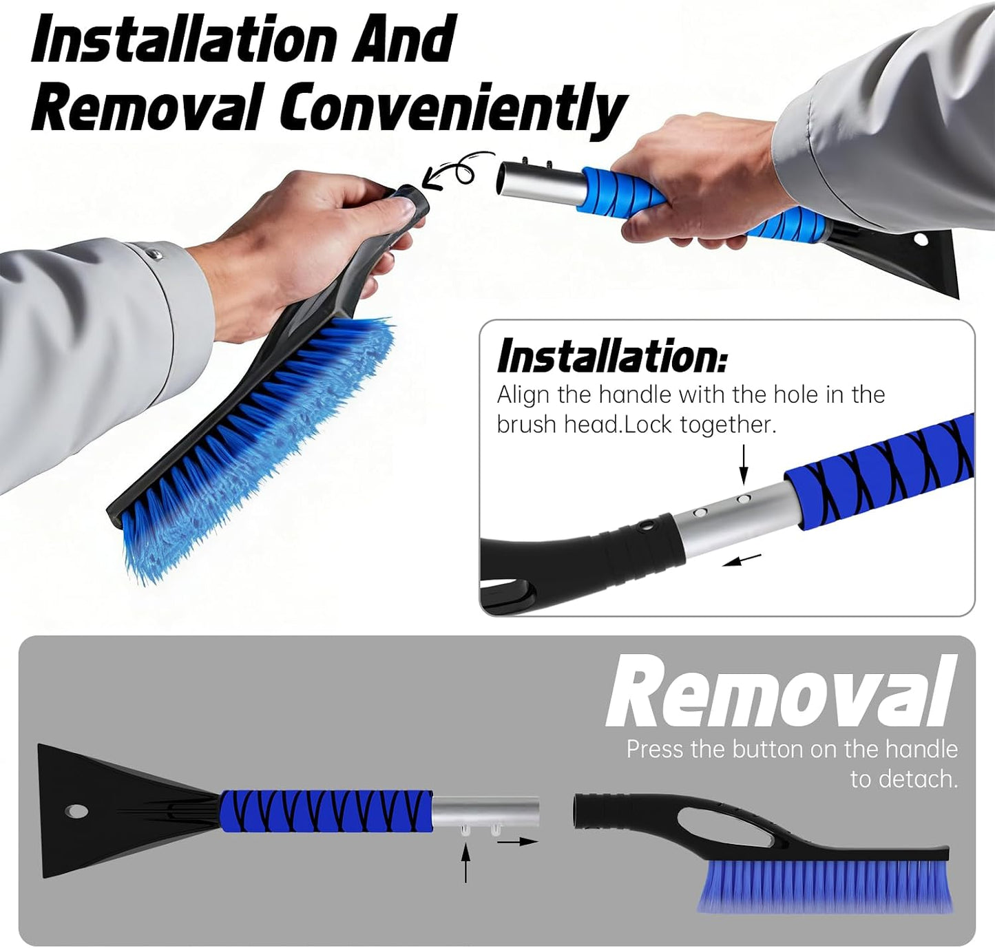 Snow Brush - Ice Scrapers for Car, 27" Detachable Snow Scrapers with Ergonomic Foam Grip for Cars, Trucks, Suvs (Heavy Duty ABS, PVC Brush, Blue)