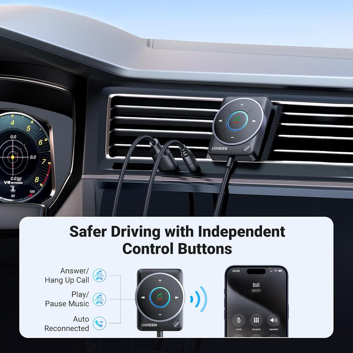 UGREEN Bluetooth 5.4 Aux Car Adapter, [Enhanced Connection & Noise Cancellation], Bluetooth Aux Receiver with Nylon Braided Cable, Plug & Play for Car Music/Hands-Free Calls/Stereo Audio