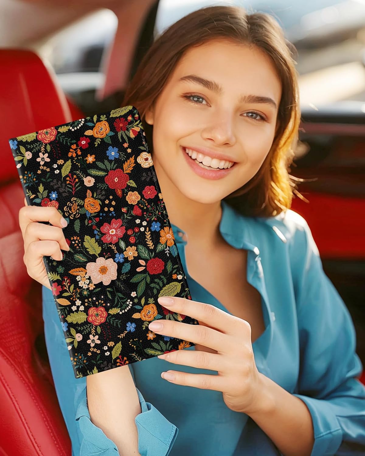 Slohif Car Registration and Insurance Card Holder with Magnetic Shut - Vehicle Glove Box Organizer Women Leather Automobile License Holders Coasters Auto Accessories Case for Document,Strawberry