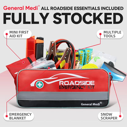 General Medi 127-Pieces Roadside Car Emergency Kit Include Mini First Aid Kit, Jumper Cables,Tow Rope, Bandage, Safety Vest, Emergency Triangle, All in One Pack