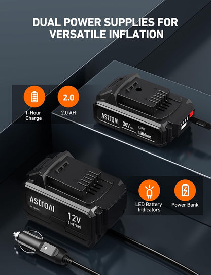 AstroAI Cordless Tire Inflator Portable Air Compressor Fast Inflation 160 PSI Air Pump 20V Rechargeable Battery Powered with 12V DC Adapter Digital Pressure Gauge for Cars Motorcycles Bikes Yellow