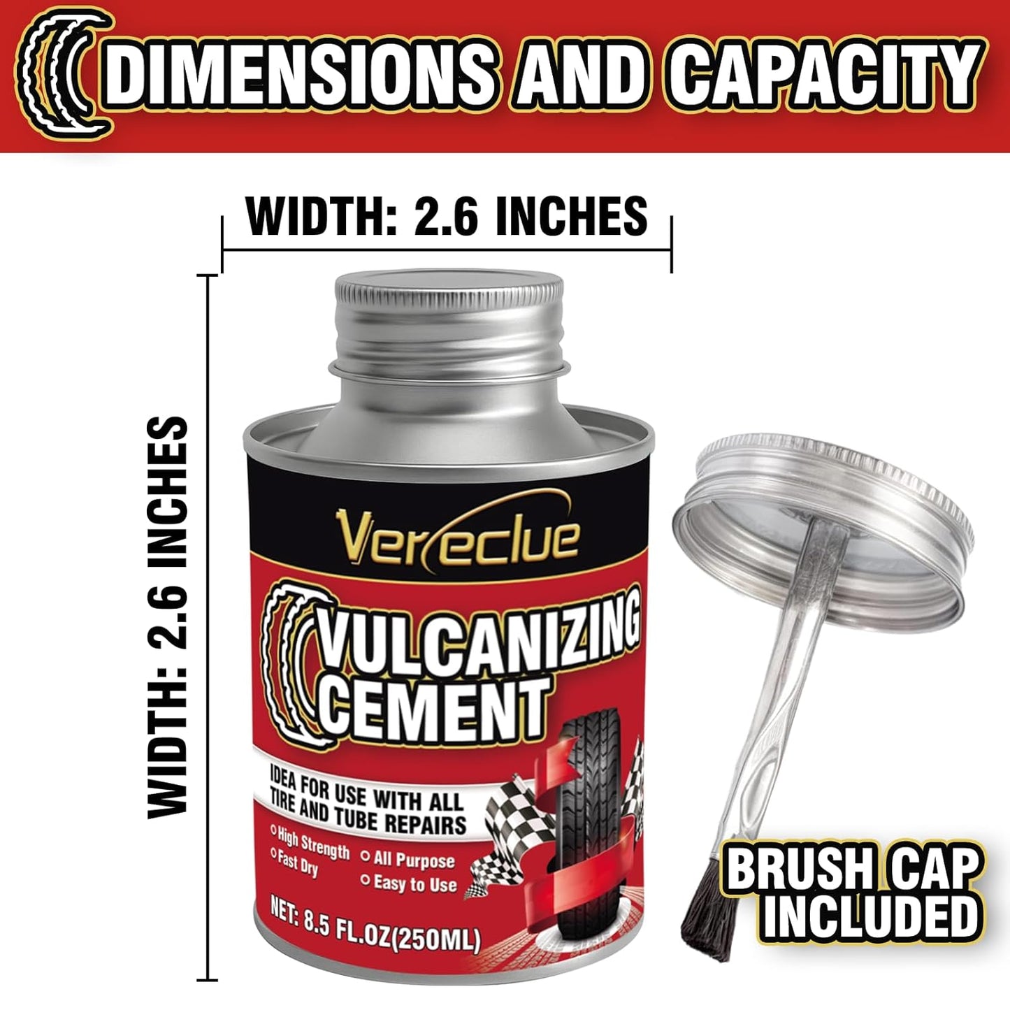 Chemical Vulcanizing Cement, Clear Tire Repair Glue, All Purpose Rubber Cement, Heavy Duty Tire Patch Kit with Brush Top Can for Car, Motorcycle, Bike, 8.5Oz