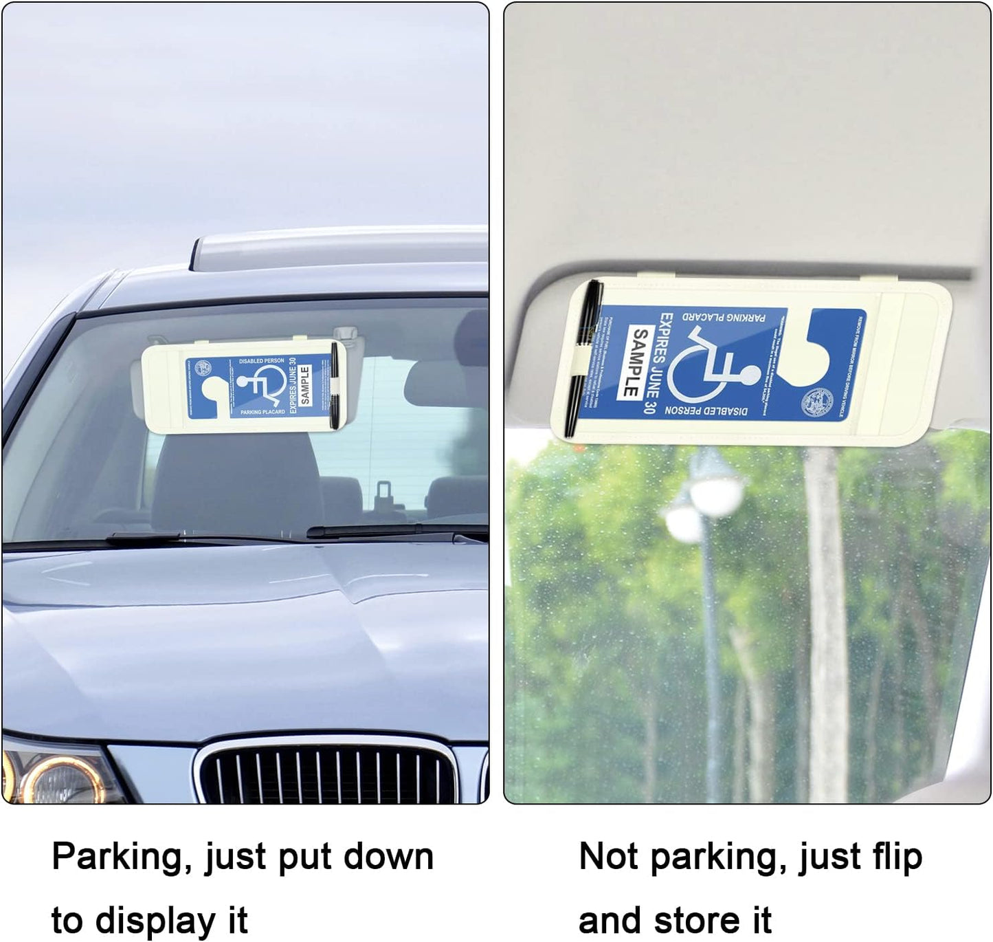 Handicap Placard Holder for Auto, Wisdompro Disabled Parking Permit Sign Protector for Car Sun Visor with Note Paper Slot, Pen Holder and Elastic Strap - Black