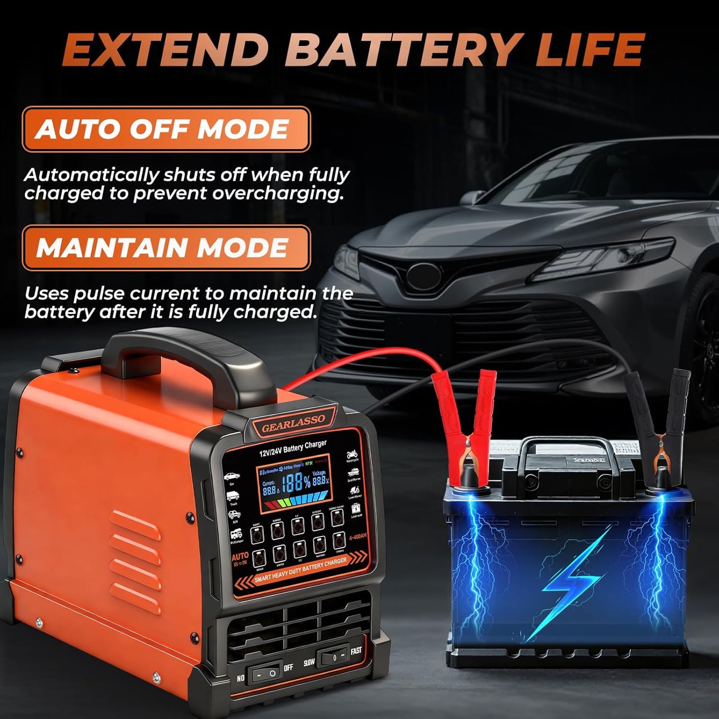 12V 24V Car Battery Charger Heavy Duty, 0-15A Automatic Battery Maintainer with Auto Shutoffs, Repair and Winter Mode, Smart Trickle Charger for Car Truck Motorcycle RV AGM Deep Cycle