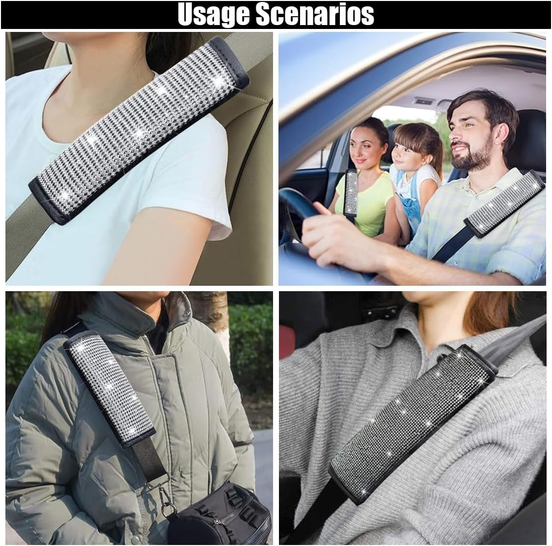 GLSOWEE 2PCS Bling Car Seat Belt Shoulder Pads, Bling Rhinestones Seat Belt Covers for Women, Car Seatbelt Strap Pad with Crystal Diamond, Car Interior Accessories for Car SUV (Black Diamond)