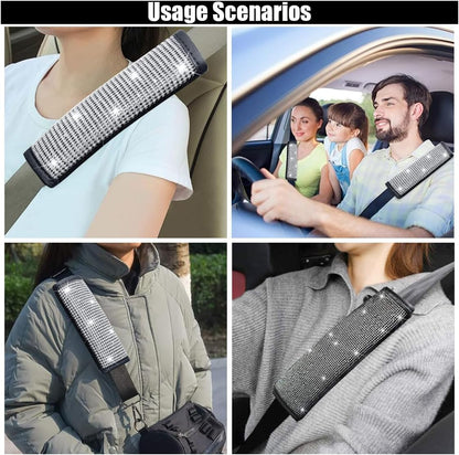 GLSOWEE 2PCS Bling Car Seat Belt Shoulder Pads, Bling Rhinestones Seat Belt Covers for Women, Car Seatbelt Strap Pad with Crystal Diamond, Car Interior Accessories for Car SUV (Black Diamond)