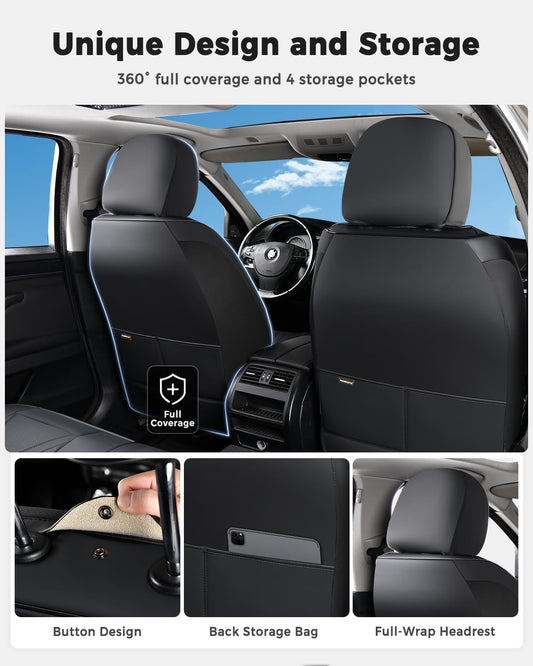 Huidasource Coffee Seat Covers Full Set, Universal Fit for Most Cars Trucks SUV, Full Coverage Leather Seat Cover, Airbag, Cupholder Compatible, Velcro Adjustable, Heaating/Cooling Function Retain
