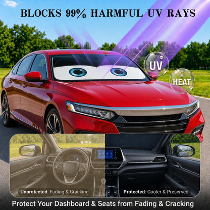 Car Windshield Sun Shade, Funny Cartoon Eyes Sun Visor for Car Windshield Universal Fits Sedan Compact Car Hatchback SUV, UV Heat Protection - 59 x 27.5