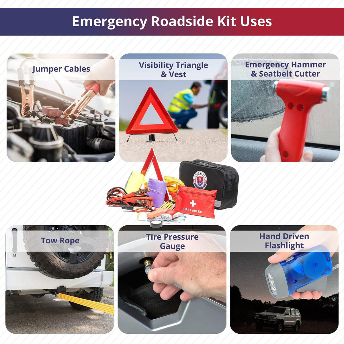 Roadside Car Emergency Kit - First Aid Set, Jumper Cables, Tow Strap, LED Flash Light, Rain Coat, Tire Pressure Gauge, Safety Vest and More (Black)