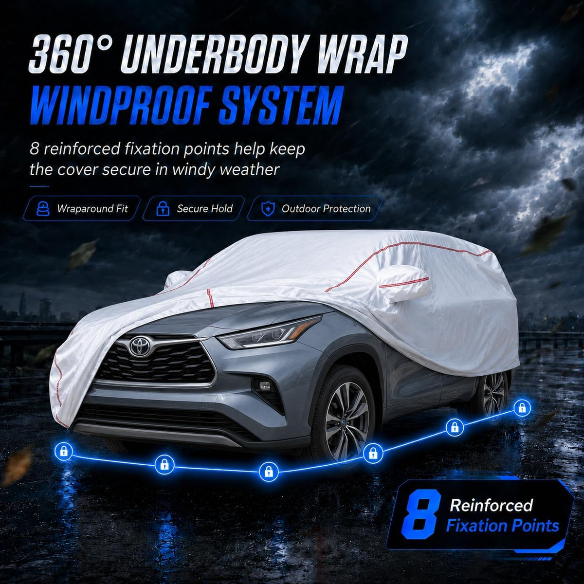 Car Cover for Sedan, Waterproof All Weather Heavy Duty, 360° Underbody Wrap Windproof Design, Quick Install Outdoor Vehicle Cover, Fits 186-193 in