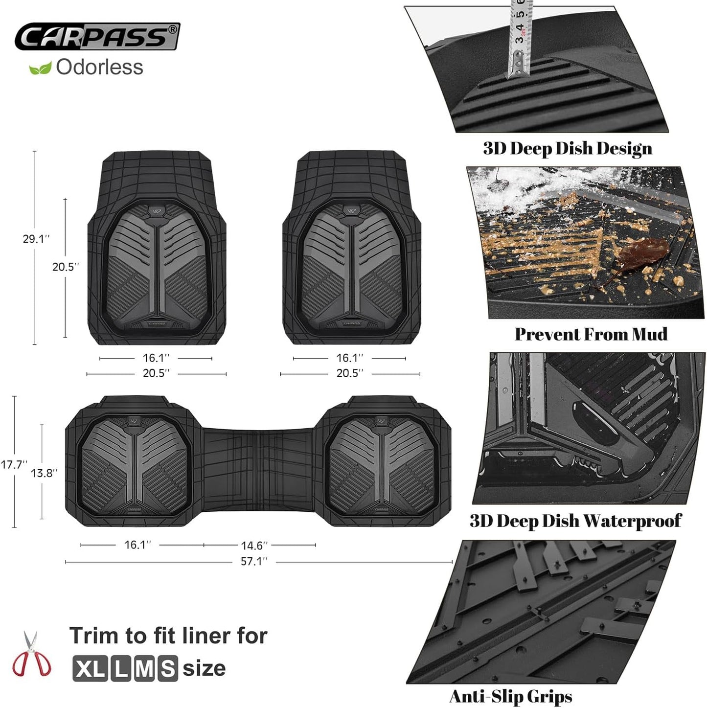 CAR PASS Heavy Duty Rubber Car Mats with Cargo Liner, Deep-Dish Car Floor Mats and Trunk Mat All Weather, Universal Trim-to-Fit for SUVs Trucks Sedans, Waterproof Anti-Slip, Trimmable V12 Black