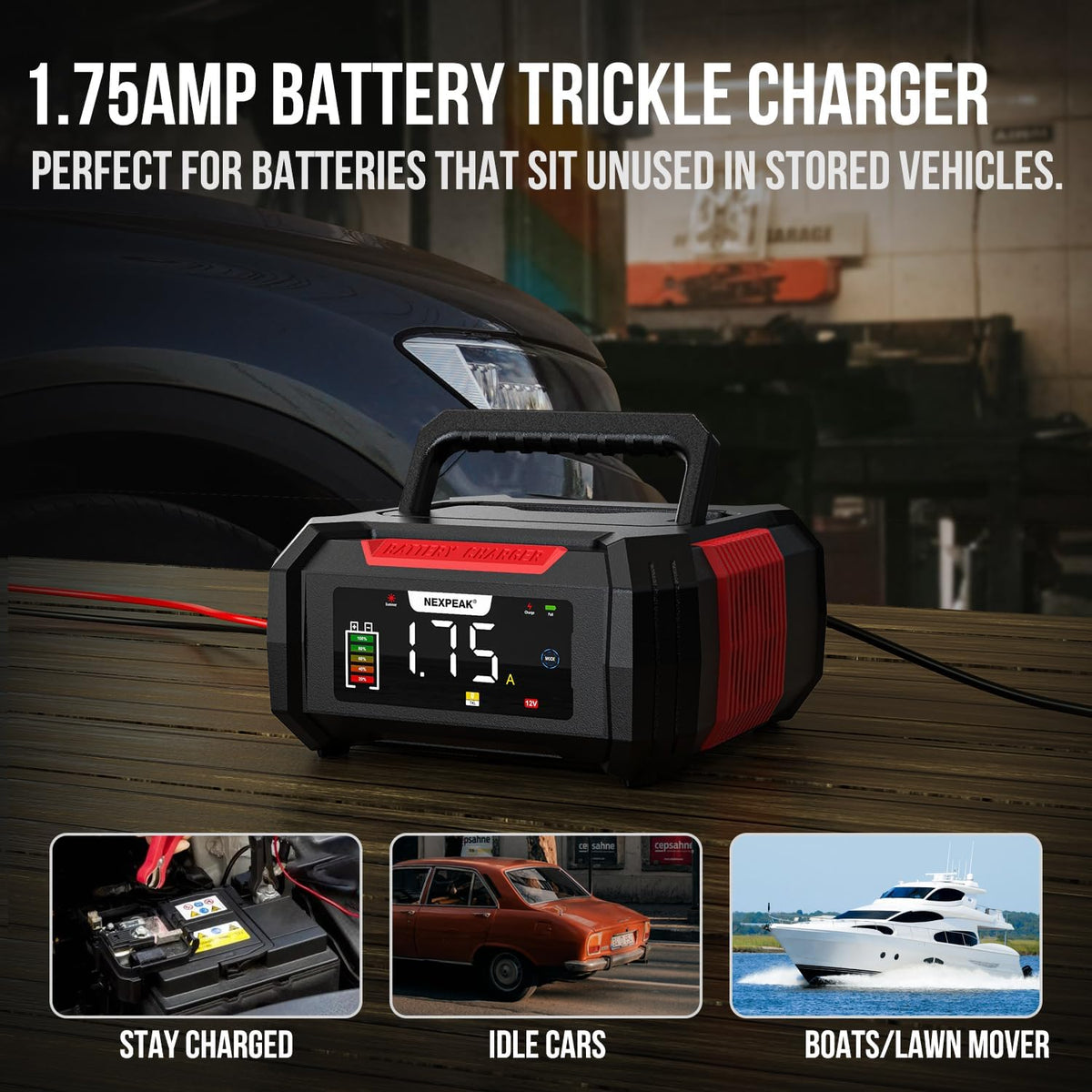 NEXPEAK 15A Battery Charger, Trickle Charger 12V/24V Car Battery Charger 9-Stage Smart LiFePO4 Charger Battery Maintainer w/Overcharge Protection Pulse Repair for Car Truck Motorcycle Lawn Mower