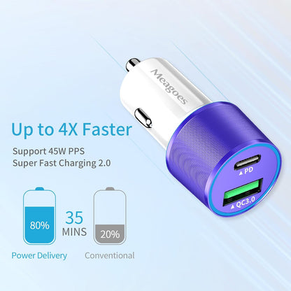 67.5W Car Charger USB C Super Fast Charging, 45W USBC & QC3.0 Port Plug for iPhone 17 Pro Max/Air/16/15/iPad, Samsung S26/S25 Android Cell Phone, Dual 12V Cigarette Lighter Adapter+ 3.3ft Type C Cable
