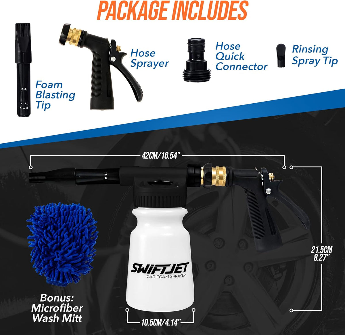 SwiftJet Car Wash Foam Gun + Microfiber Wash Mitt - Foam Cannon Works with Any Soap - Garden Hose Car Foam Sprayer - Car Wash Kit - Car Accessories Foam Blaster (Orange Foam Gun with Mitt)