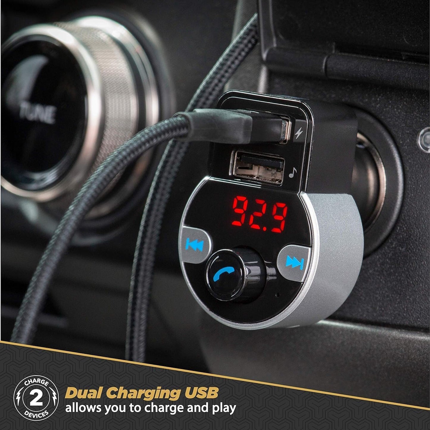 Scosche BTFM8 Bluetooth FM Transmitter Car, Dual 12W USB-C and USB-A Charging Ports, Fast Type-C Car Charger, Wireless Radio Bluetooth Adapter, Hands-Free Car Kit for Calls, Siri and Google Assistant