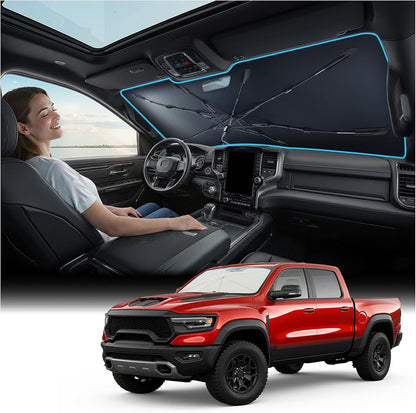 [Upgraded] Nmoiss Windshield Sun Shade Umbrella - [Vinyl Coating Heat Shield] Protect Car from Sun Rays & Heat Damage Keep Cool and Protect Interior, Spring Structure Edge Medium 56" L x 31" W