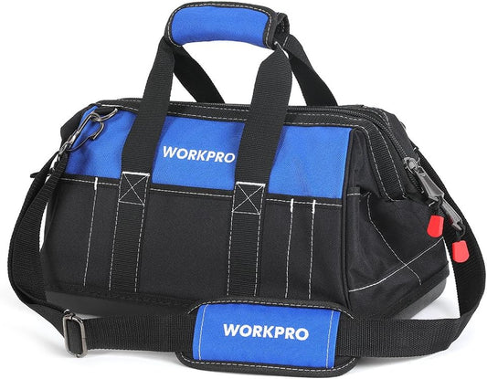 WORKPRO 16-inch Wide Mouth Tool Bag with Water Proof Molded Base | Multi-Pocket, Heavy Duty Cloth, Adjustable Shoulder Strap, Double-pull Zipper, For Workshops, Outdoor Projects