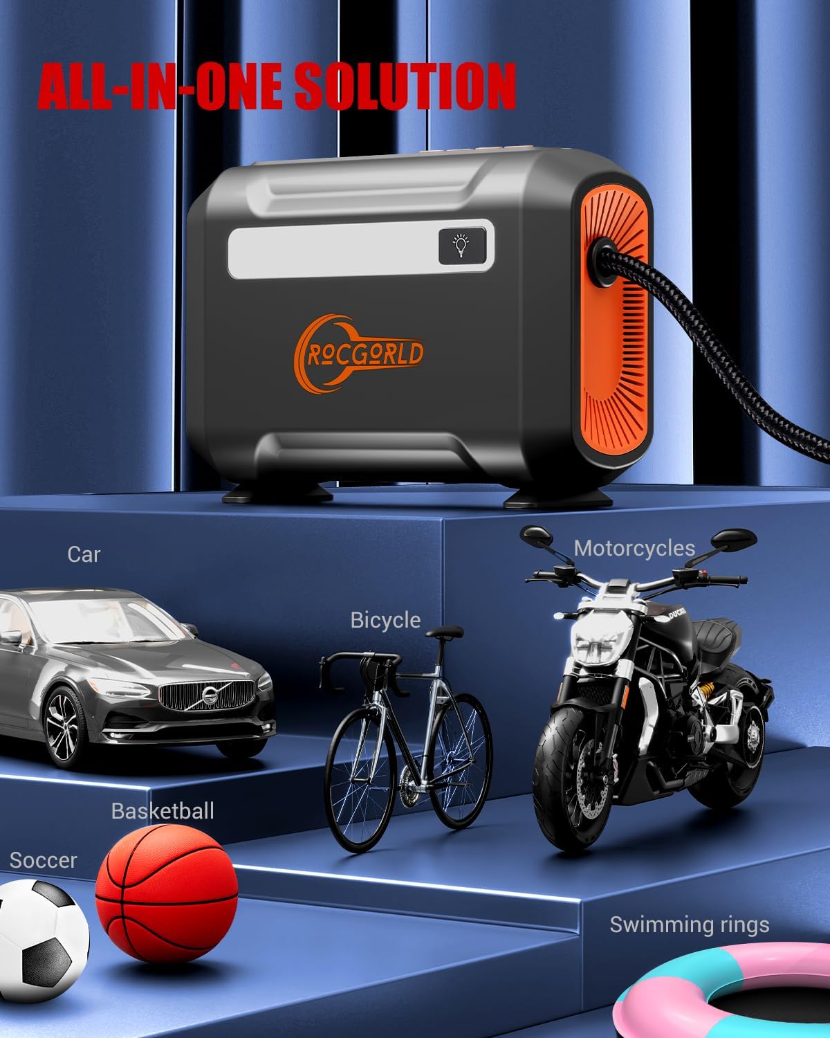 ROCGORLD R8 Tire Inflator Portable Air Compressor, DC 12V Air Compressor Portable with Large Dual Digital Screen, 3X Faster Inflation Air Pump for Car, Bike, Ball, Motor