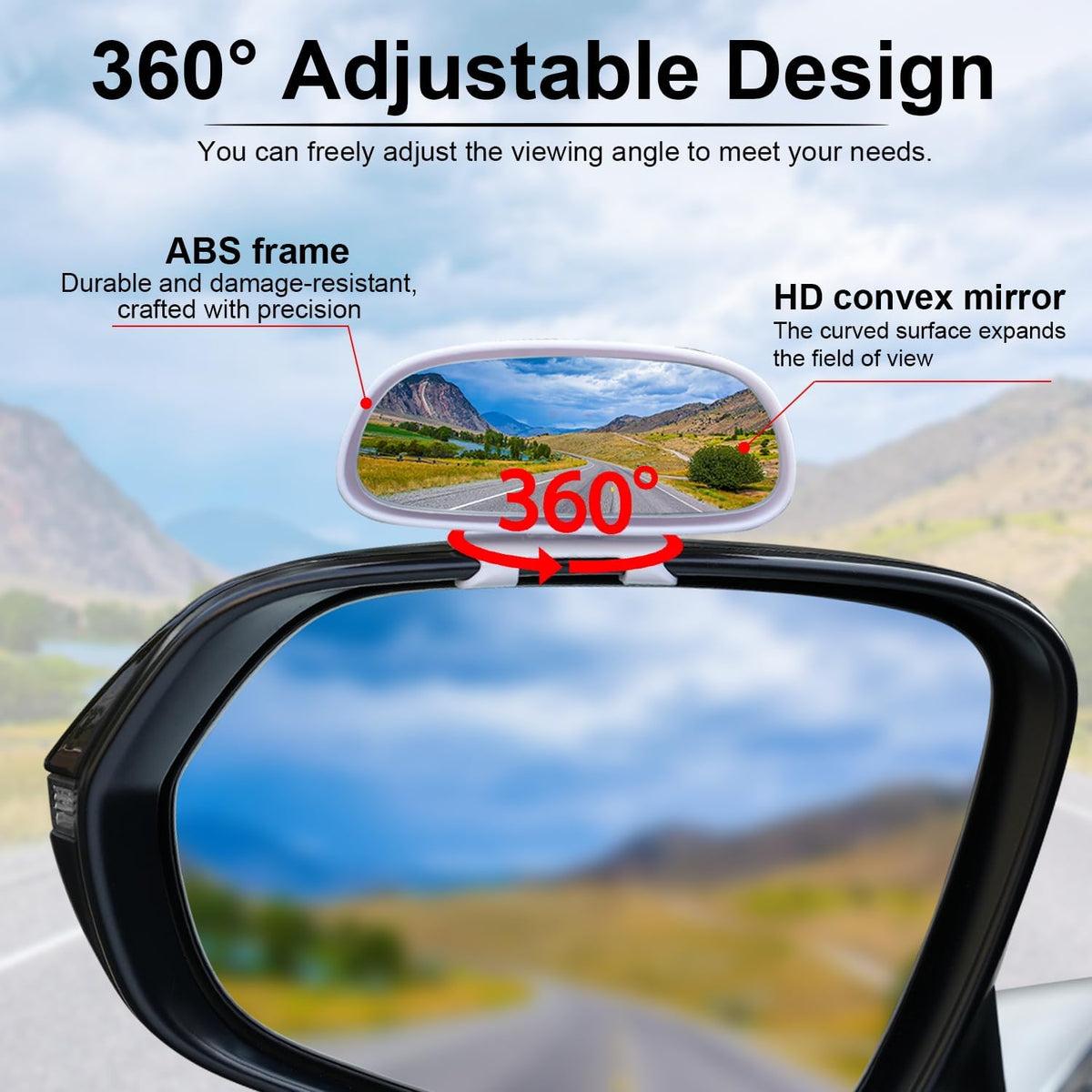 LivTee 2PCS Round Blind Spot Mirror, HD Glass and ABS Housing Convex Wide Angle Rearview Mirror with Adjustable Stick for Universal Car, Black