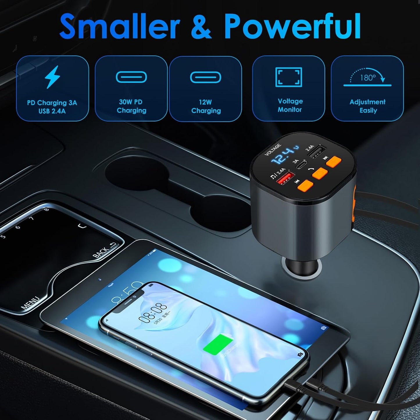 Retractable Car Charger,5 in 1 Fast Cars Phone Charger 90W,Bluetooth 5.3 FM Transmitter Adapter,Handsfree Call,2 Retractable Cables and USB Chargers for iPhone17/16 15/14/13