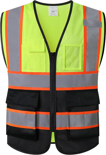 Reflective Mesh Safety Vest for Men Women with 5 Pockets and Zipper Front High Visibility Mesh Vest Hi Vis Construction Work Vest,Meets ANSI/ISEA Standards(EK175-Yellow-L)