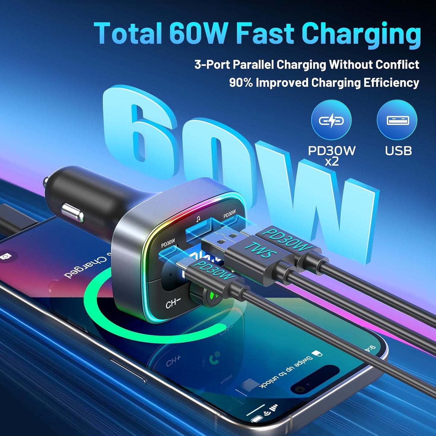 Bluetooth 5.4 Car Adapter 60W Charging USB Bluetooth Adapter for Car,Wireless Fm Transmitter Radio,Handsfree Calling and Audio Receiver,HiFi Music Player,7 Colors LED Backlit