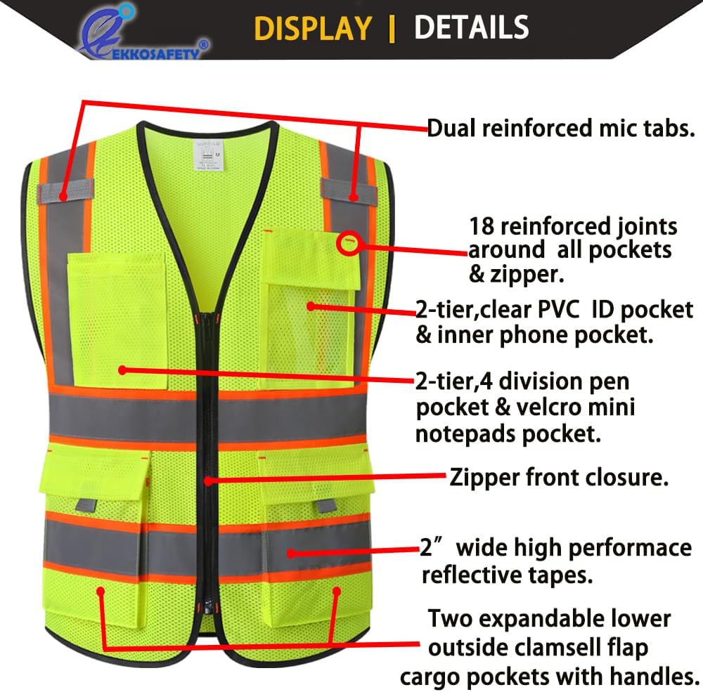 Reflective Mesh Safety Vest for Men Women with 5 Pockets and Zipper Front High Visibility Mesh Vest Hi Vis Construction Work Vest,Meets ANSI/ISEA Standards(EK175-Yellow-L)