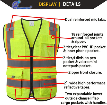 Reflective Mesh Safety Vest for Men Women with 5 Pockets and Zipper Front High Visibility Mesh Vest Hi Vis Construction Work Vest,Meets ANSI/ISEA Standards(EK175-Yellow-L)