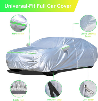 Sedan Car Cover (186-193 inches) - Universal Fit, Waterproof, Dupont Oxford, All Weather, Hail Protector, Sun Protection, Door Zipper