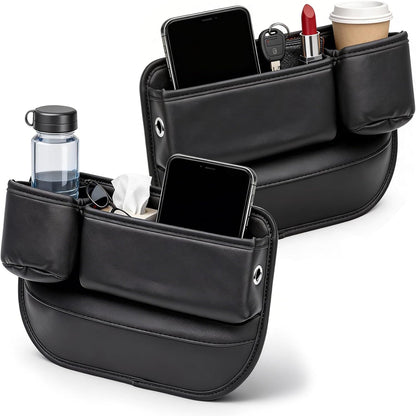 Car Leather Cup Holder Gap Bag, New Car Seat Gap Filler Organizer with Cup Holders, Console Organizer for Phone, Keys and Small Items, Universal Fit Essentials for SUV, Truck & Sedan (2pc)