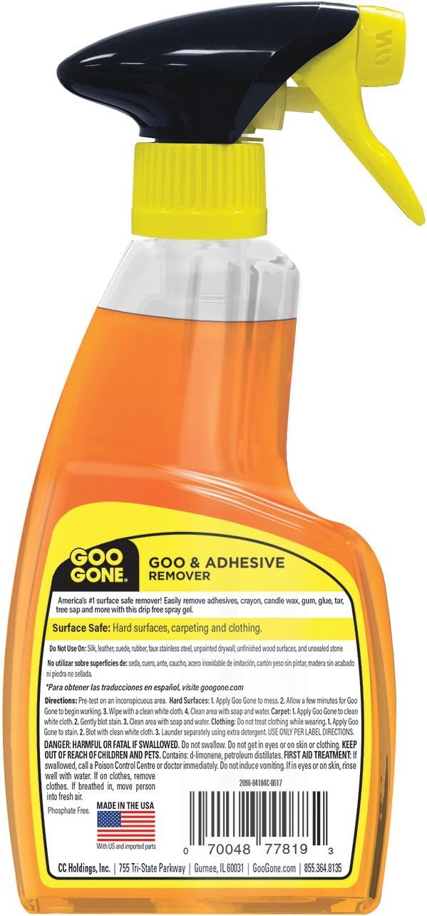 Goo Gone Spray Adhesive Remover Gel 12 Oz with Scraper, Removes Glue, Stickers, Tape Residue, Grease, Gum & Wax, Adhesive Spray with Citrus Cleaning Power for Hard Surfaces, Carpets & Fabrics