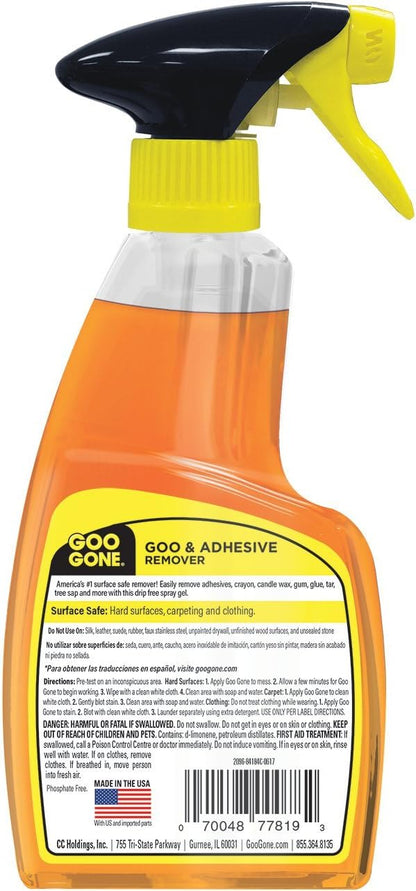 Goo Gone Spray Adhesive Remover Gel 12 Oz with Scraper, Removes Glue, Stickers, Tape Residue, Grease, Gum & Wax, Adhesive Spray with Citrus Cleaning Power for Hard Surfaces, Carpets & Fabrics