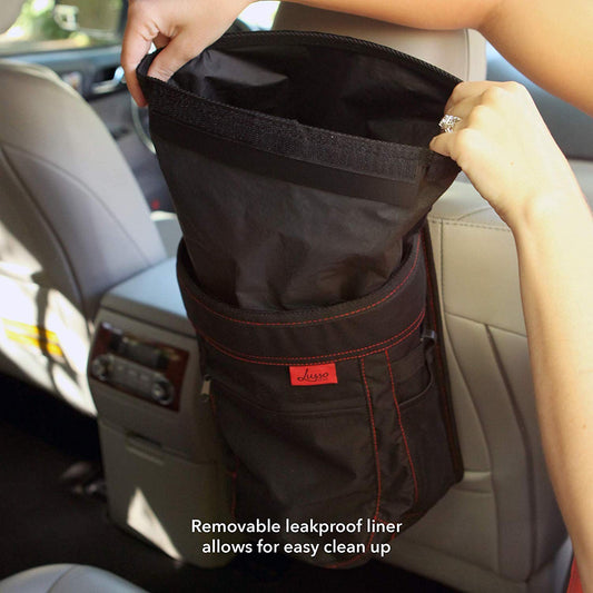 Lusso Gear Spill-Proof Car Trash Can - Easy to Clean Hanging Garbage Bin - Leak-Proof Lid, Removable Liner, Waterproof - Keeps Truck, SUV, Car, Minivan Clean & Odor Free - 2.5 Gallon Tan Car Trash Can