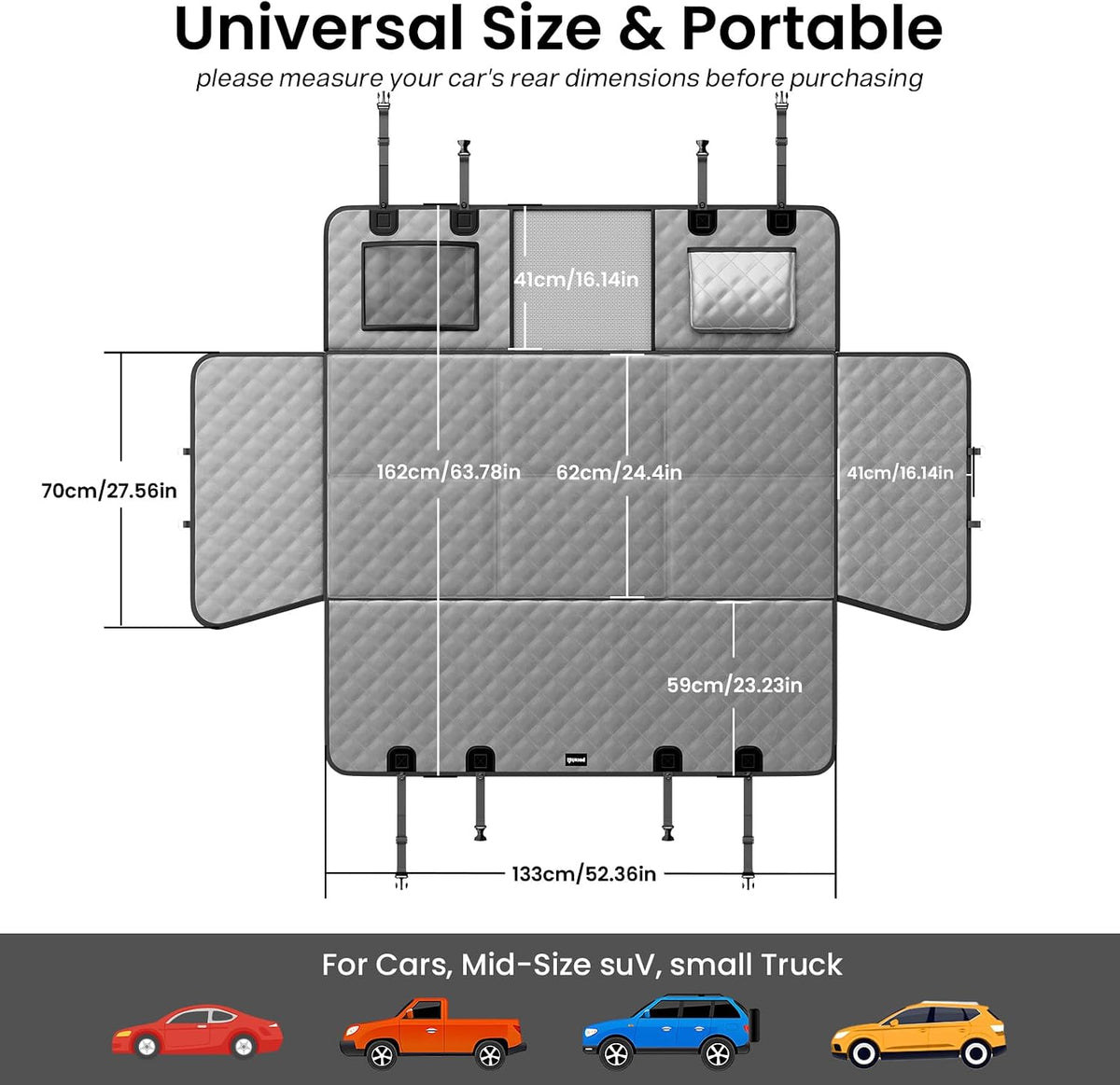 Dog Car Seat Cover for Back Seat, Waterproof Leather Fabric Back Seat Extender for dogs 52.4 * 24.4in, Foldable in The Car, Hard PVC Panels Bottom Support to 330 lbs, for Cars/Mid-Size SUV/Small Truck