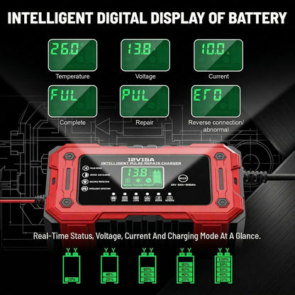 Battery Charger 15A 12V Fully Automatic Smart Trickle Car Battery Charger Maintainer with LCD Display & Temperature Compensation for Car Truck Motorcycle Lawn Mower Boat