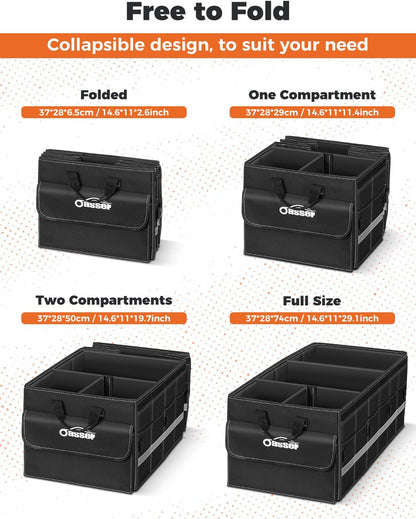Oasser Car Trunk Organizer, 3 Compartments Collapsible Waterproof Car Organizer Storage with Foldable Cover, Reflective Strip, Non-Slip Bottom, 4 Mesh Pockets for SUV/Truck/Sedan/Camping/Road Trip