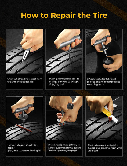 AUTOWN Flat Tire Repair Kit with Air Compressor 54 Pieces for Car, Motorcycle, ATV, Jeep, Truck, Tractor Flat Tire Repair (54PCS)