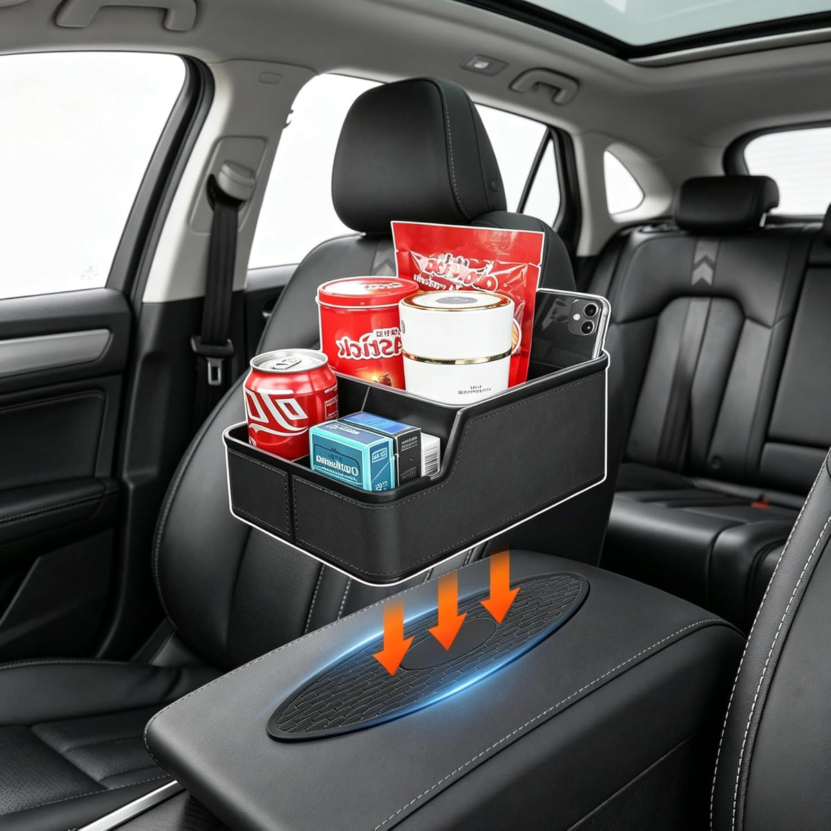 Car Storage Organizer Between Seats,Center Console Armrest Storage Box Back Seat Organizer with Small Compartment Car Interior Storage Box,Cup Holder Tray with Non-slip Mat(Black)