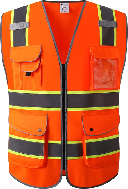 JKSafety 9 Pockets Class 2 High Visibility Zipper Front Safety Vest With Reflective Strips,Meets ANSI/ISEA Standard (Large, 150-Yellow) - Colors B