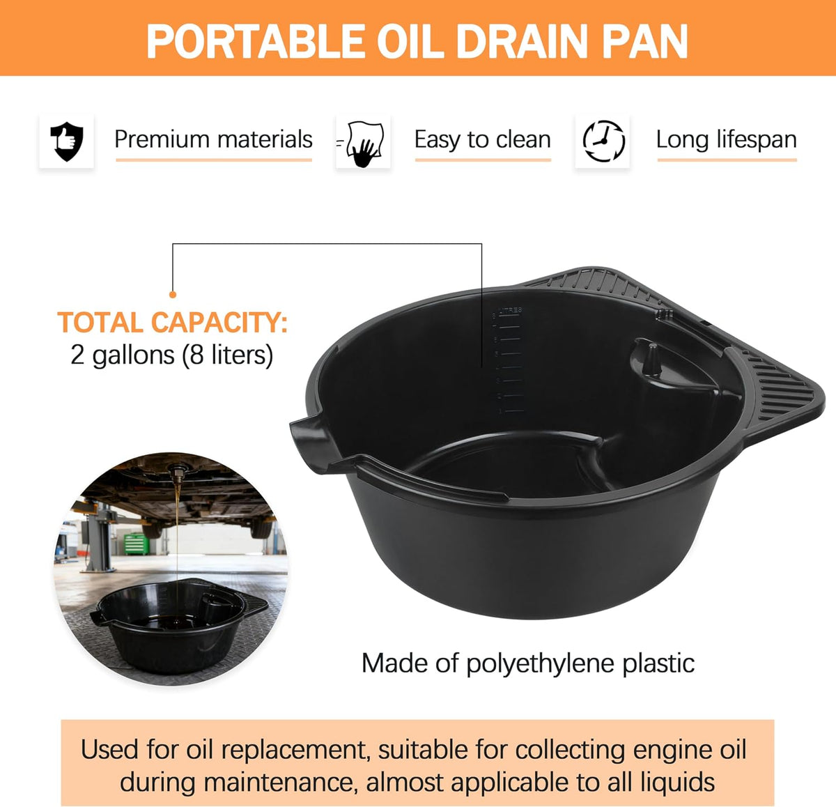2 Gallon (8L) Portable Oil Drain Pan, Heavy-Duty Motor Oil Drip Catcher Pan for Automotive, Lawn Mower, ATV Oil Change （1 Pcs）
