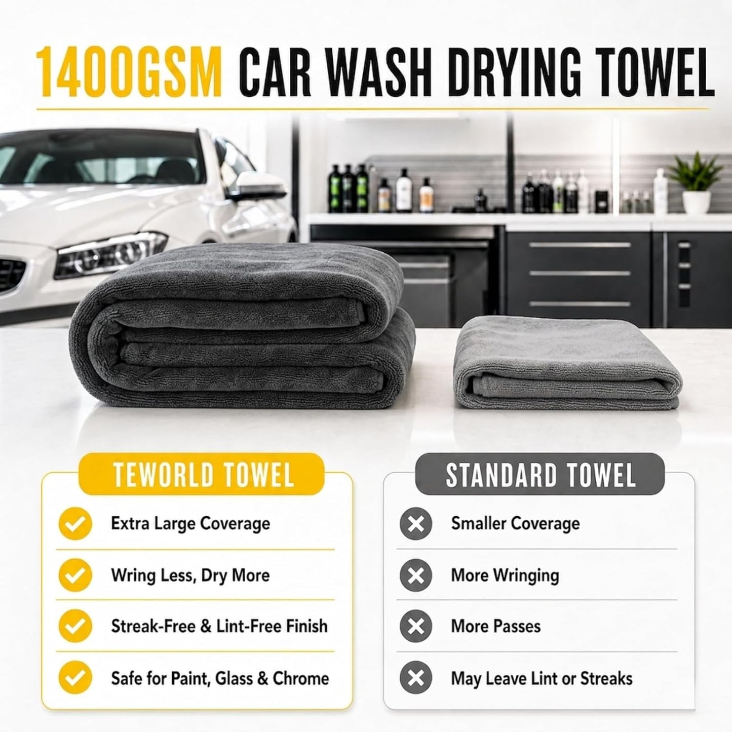 1400 GSM Car Drying Towels – XXL Microfiber Towels for Cars (48" x 24"), Ultra-Absorbent, Streak-Free, Scratch-Free, No Water Spots, Double-Twist Pile & Edgeless Design