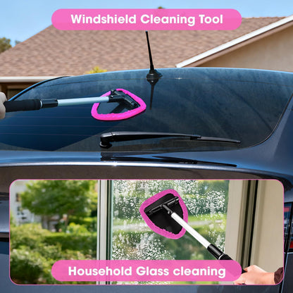 Windshield Cleaner Tool, Car Interior Cleaning Kit with Extendable Handle and 3 Reusable Microfiber Pads, Auto Glass Wiper and Detailing Brush Kit for Car & Home Window, Blue