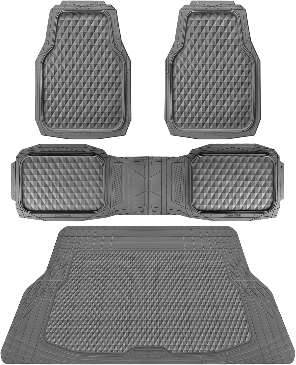 CAR PASS Heavy Duty Rubber Car Mats, Deep Dish All-Weather Floor Mat for Car Full Set Durable Anti-Slip 3D Rhombus Waterproof Trim to Fit Liner Universal Fit Automotive,Sedan,SUV,Truck, 3 Piece Black