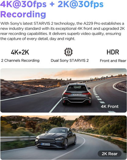 VIOFO A229 Pro 4K HDR Dash Cam, Dual STARVIS 2 IMX678 IMX675, 4K+2K Front and Rear Car Camera, 2 Channel with HDR, Voice Control, 5GHz WiFi GPS, Night Vision 2.0, 24H Parking Mode