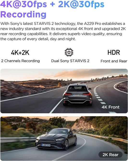 VIOFO A229 Pro 4K HDR Dash Cam, Dual STARVIS 2 IMX678 IMX675, 4K+2K Front and Rear Car Camera, 2 Channel with HDR, Voice Control, 5GHz WiFi GPS, Night Vision 2.0, 24H Parking Mode