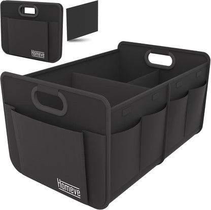 Homeve Car Trunk Organizer for SUV, 18.5Gal Large Capacity No-Sag Heavy Duty, Foldable Waterproof Anti-Slip Storage with 12 Pockets, Fit Sedan,Truck, Universal Car Accessories, Black, Large, 2 Compart
