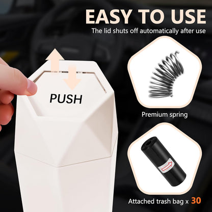 Car Trash Can with Lid - 2-Pack, Interior Accessories for Vehicles, Leakproof Garbage Can with 30 Detachable Trash Bags, Multipurpose Organizers and Storage Solutions for Home and Office