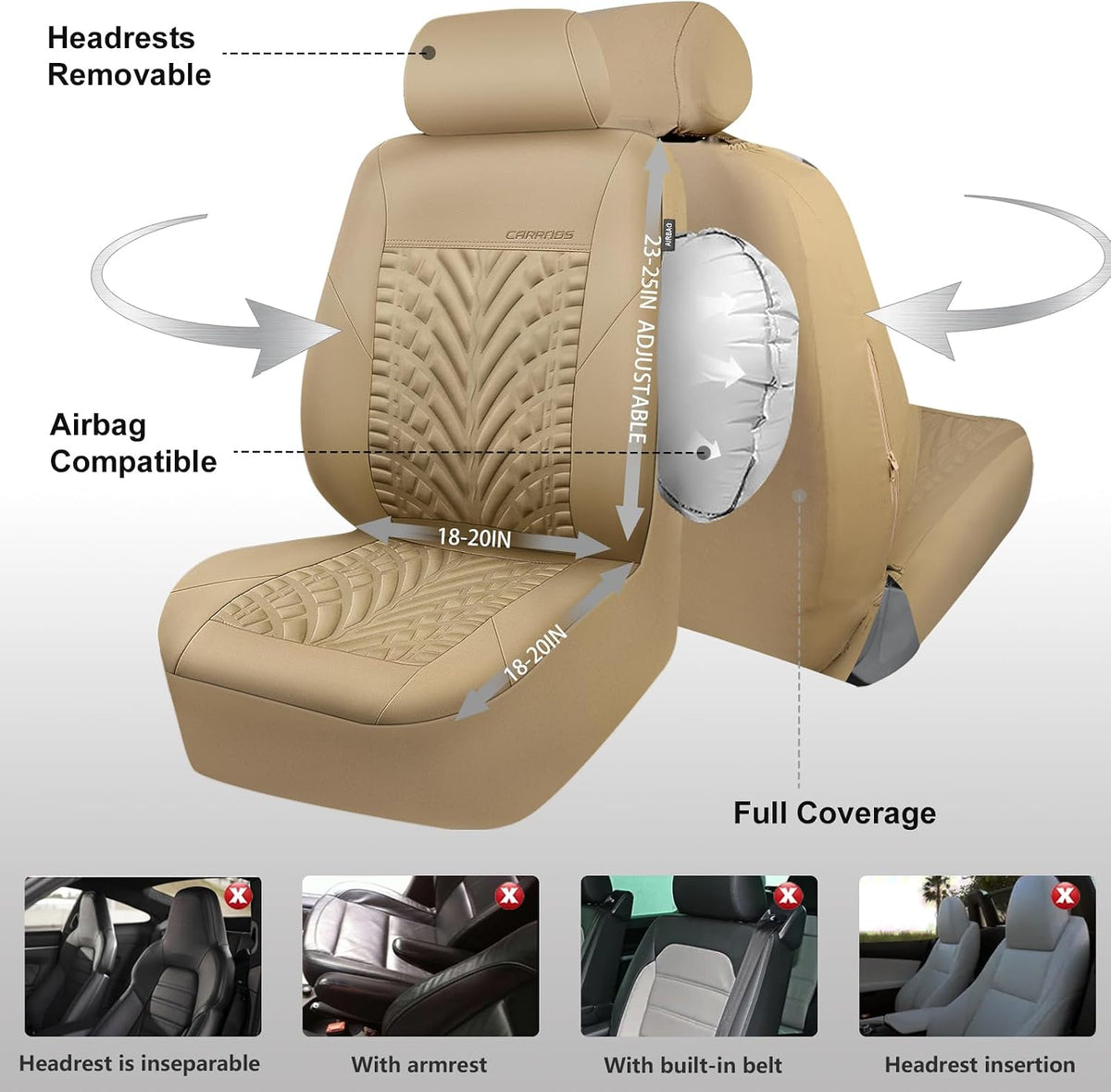 CAR PASS Car Seat Covers Full Sets, Front & Split Rear Bench for Car, 3D Tyre Embossed Automotive Interior Covers, Airbag Compatible, Quick Setup Universal Fit Seat Covers for Car, SUV(Charcoal)
